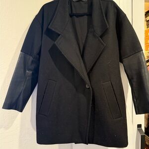 AllSaints Black Wool short Pea Coat with Leather Sleeves